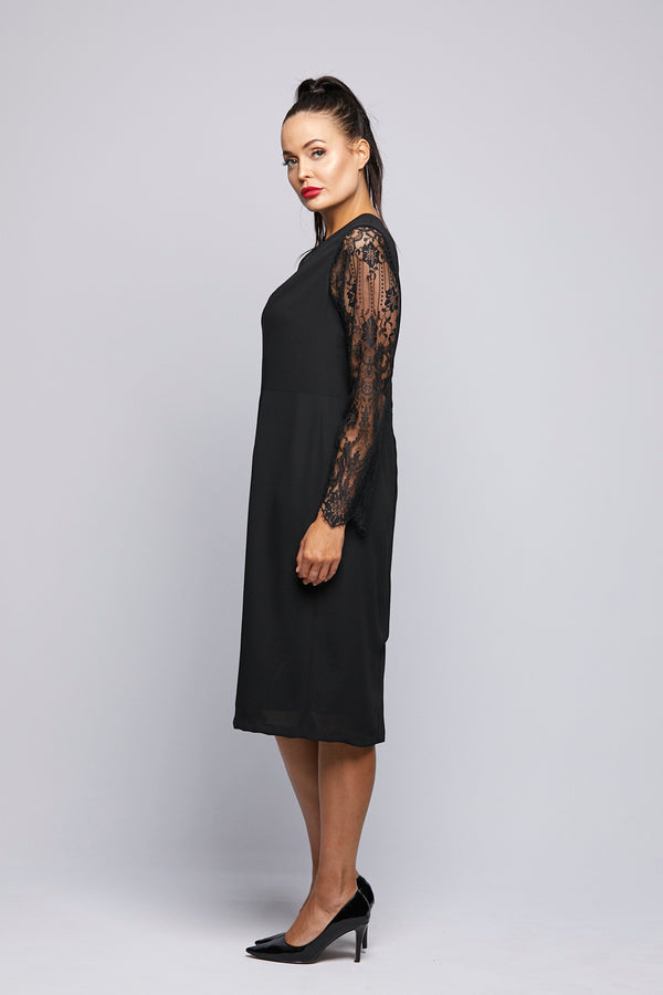 Crepe Dress with Lace Sleeves