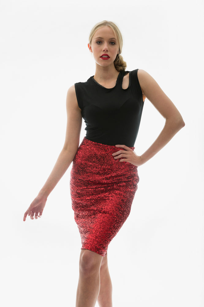 Stretch Sequin Skirt Red